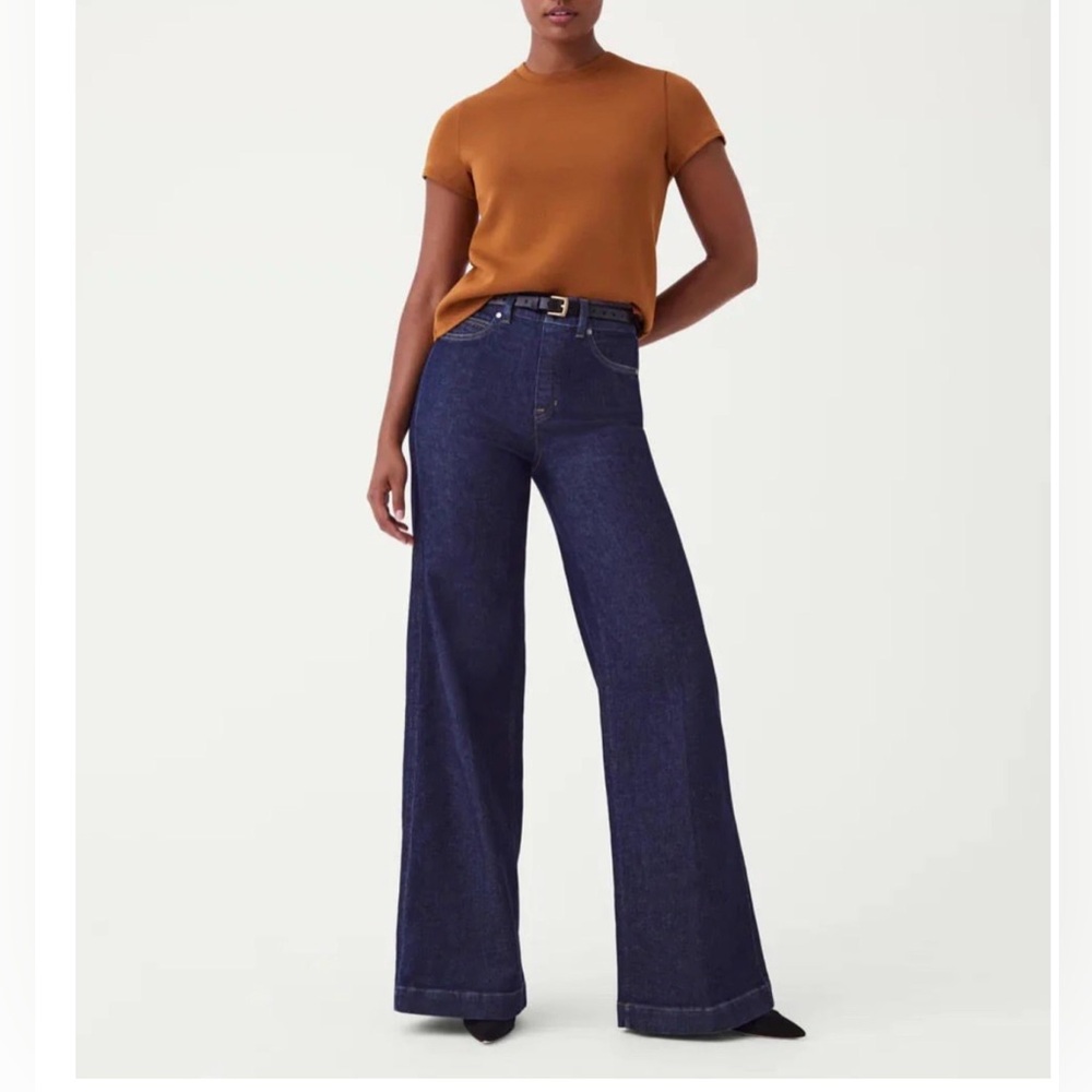 SPANX Wide Leg Denim Jumpsuit Pants in Dark Blue
